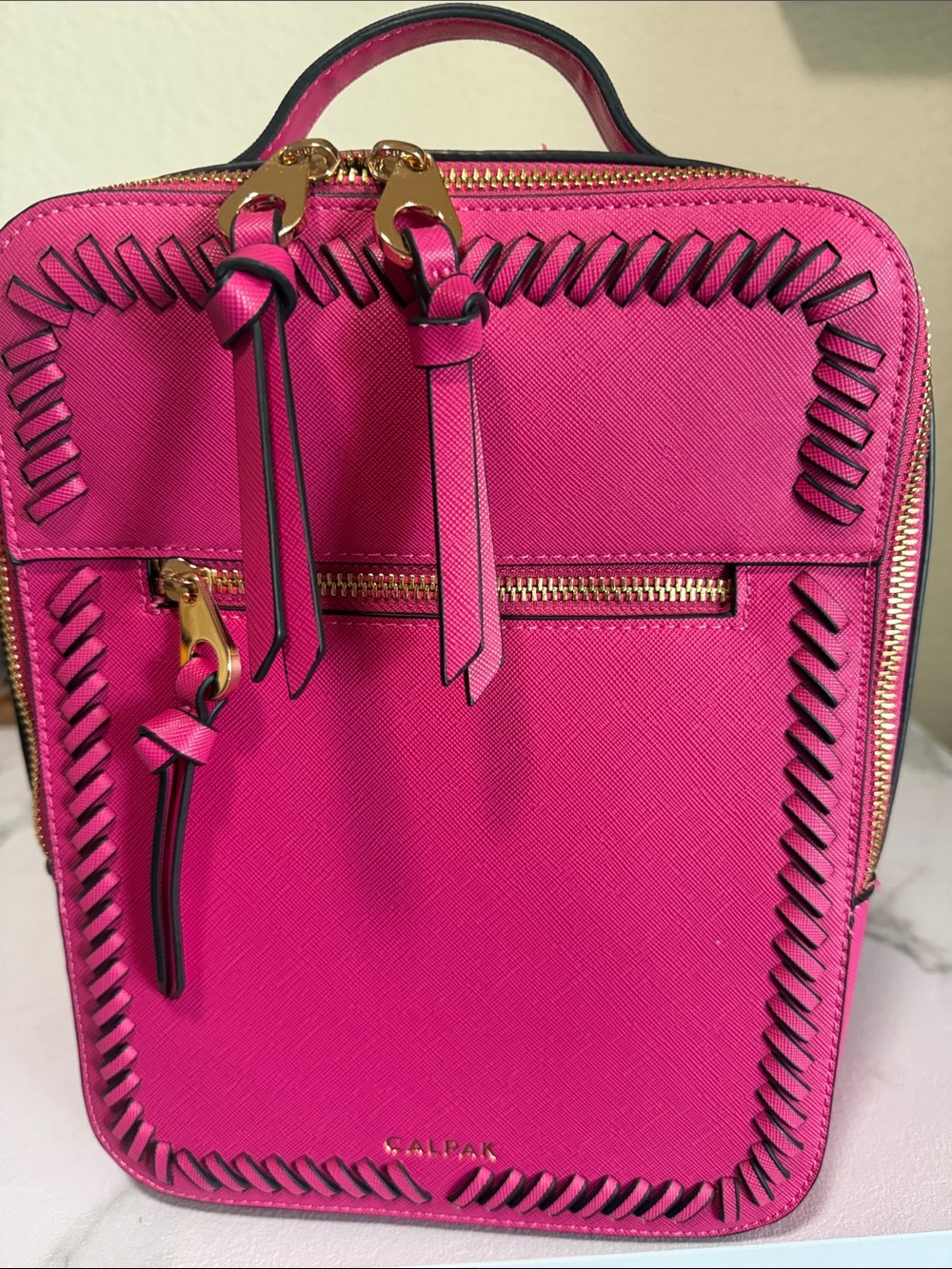 Calpak Hot Pink Saffiano Whipstitch Backpack